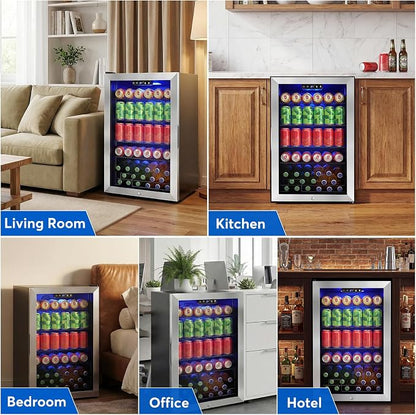 FoMup Beverage Refrigerator 150 Can with Glass Door – Mini Drink Cooler with Reversible Door, Safety Lock & Temperature Control, Small Fridge for Beer Soda Wine, Compact for Dorm Office Hotel