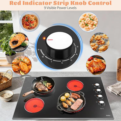 Electric Cooktop 30 Inch Hobsir, 4 Burner Electric Stove Top 6700W, Knob Control Built in Cook top, 30" Electric Stove Top Burner with Glass Protection Metal Frame, Double-ring burner, 220-240v