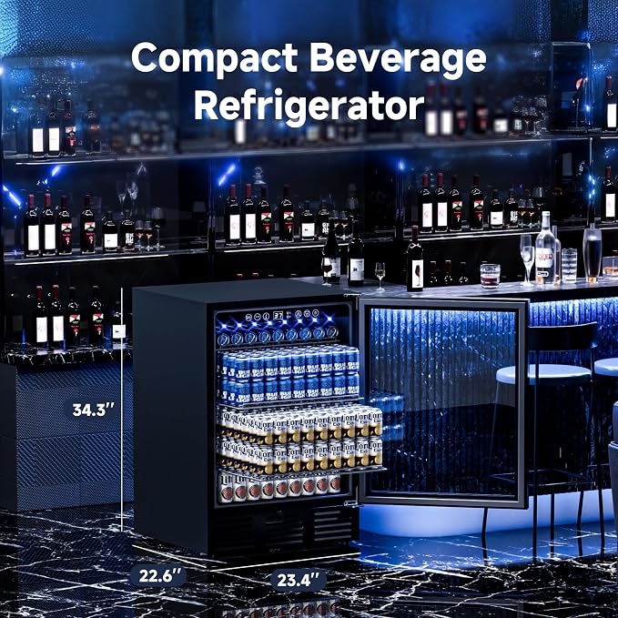 24 Inch Built-In Beverage Cooler for 182 Cans, Under Counter Beer Fridge with Tempered Glass Door & LED Lighting, Freestanding/Integrated Installation (Black)
