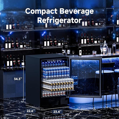 24 Inch Built-In Beverage Cooler for 182 Cans, Under Counter Beer Fridge with Tempered Glass Door & LED Lighting, Freestanding/Integrated Installation (Black)