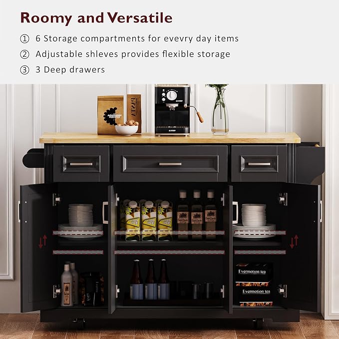 Ball & Cast Large Kitchen Island with Rubber Wood Drop Leaf,Embossed Texture Rolling Kitchen Cart On 4 Wheels W/4 Doors & 3 Drawers,Mobile Kitchen Islands W/ Storage for Kitchen,Dining Room,Black,54"