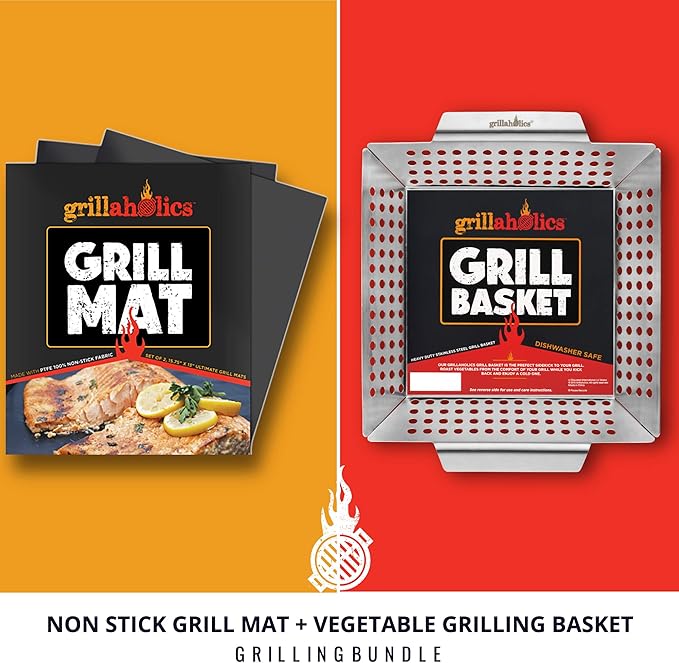Grillaholics Non Stick Grill Mat (Set of 2) Vegetable Grilling Basket Bundle