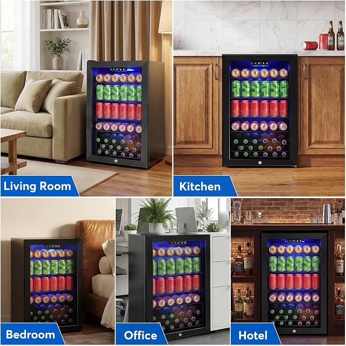 FoMup Beverage Refrigerator 150 Can with Glass Door – Mini Drink Cooler with Reversible Door, Safety Lock & Temperature Control, Small Fridge for Beer Soda Wine, Compact for Dorm Office Hotel
