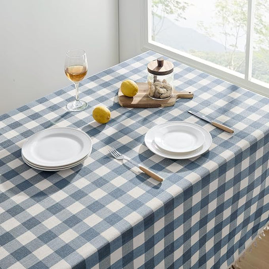 Softalker Checkered Tablecloth Square, Outdoor Linen Cotton Gingham Table Cloth with Tassel, Heavy Duty Wrinkle Free Buffalo Plaid Table Cover for Kitchen Dining Summer Party - 55 x 55 Inch, Blue
