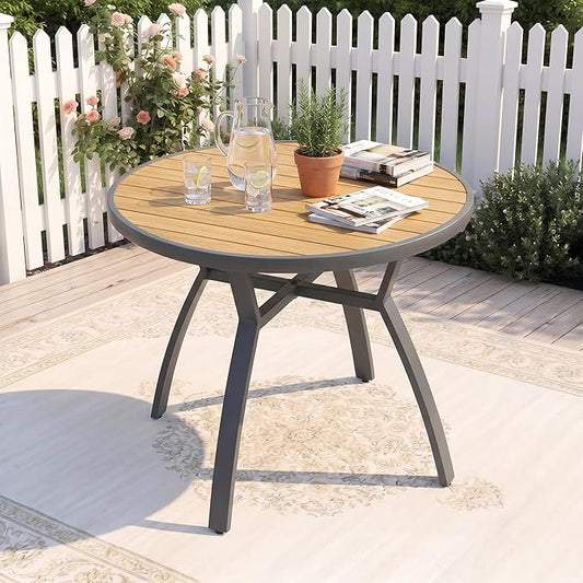 Aluminum Outdoor Table for All-Weather, 35.4" Patio Tables with Heavy Duty HDPS Round Tabletop, Outside Table with Quick-Drying Slatted Design for Porch, Patio, Garden, Deck, Poolside, Backyard