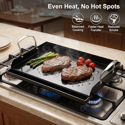 17 x 13 in Cast Iron Griddle for Gas Grill, Nano Ceramic Nonstick Flat Top Grill Plate with 5-Piece Tool Kit, Grease Groove, High Sidewalls, Handles, for Charcoal, Stove Top, Camping
