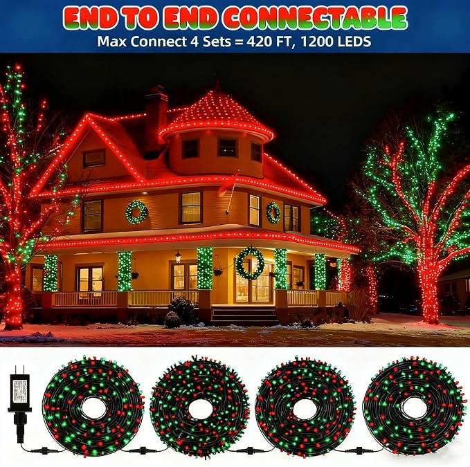 MZD8391 105FT 300LED Christmas Light, Christmas Tree Light, Red Green | Waterproof, 100% UL Listed, 8 Light Mode, Timer & Memory, 4 Set End To End Connect, LED Christmas String Light Outdoor Indoor