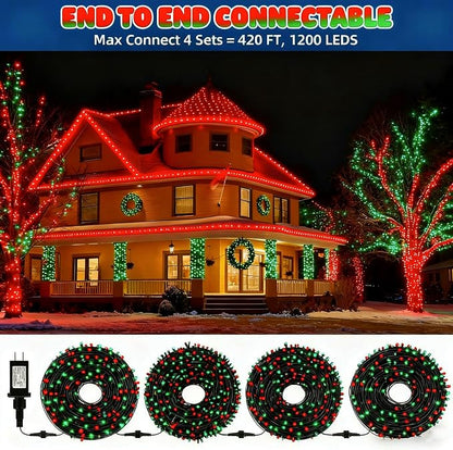 MZD8391 105FT 300LED Christmas Light, Christmas Tree Light, Red Green | Waterproof, 100% UL Listed, 8 Light Mode, Timer & Memory, 4 Set End To End Connect, LED Christmas String Light Outdoor Indoor