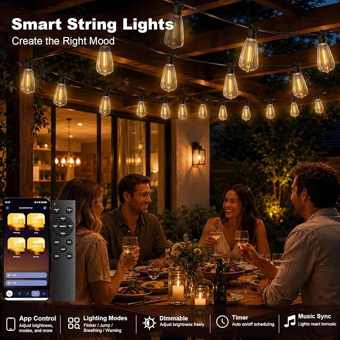 ST38 Outdoor String Lights 100FT, 45 Bulbs, App Remote | 45 LED Bulbs plus 2 Spare; 2700K Warm White; App and Remote; Music Sync; 24V Plug-In; Plastic Bulbs