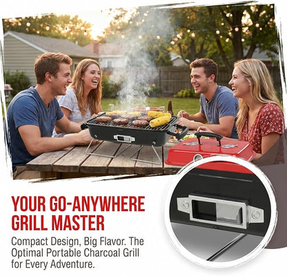 Portable Charcoal Grill, Small Tabletop BBQ Grill for Camping, Backyard, Beach and Picnic, Outdoor Charcoal Grill with Thermometer, Air Dampers and Carry Handles, Red
