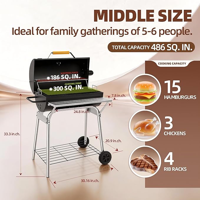 Barrel Charcoal Grill, Outdoor BBQ Smoker, 486 Sq. In. Cooking Area, Warming Rack & Adjustable Charcoal Pan, Front Table & Bottom Shelf, Enameled Steel Wire, Backyard, Patio, Camping(Middle)