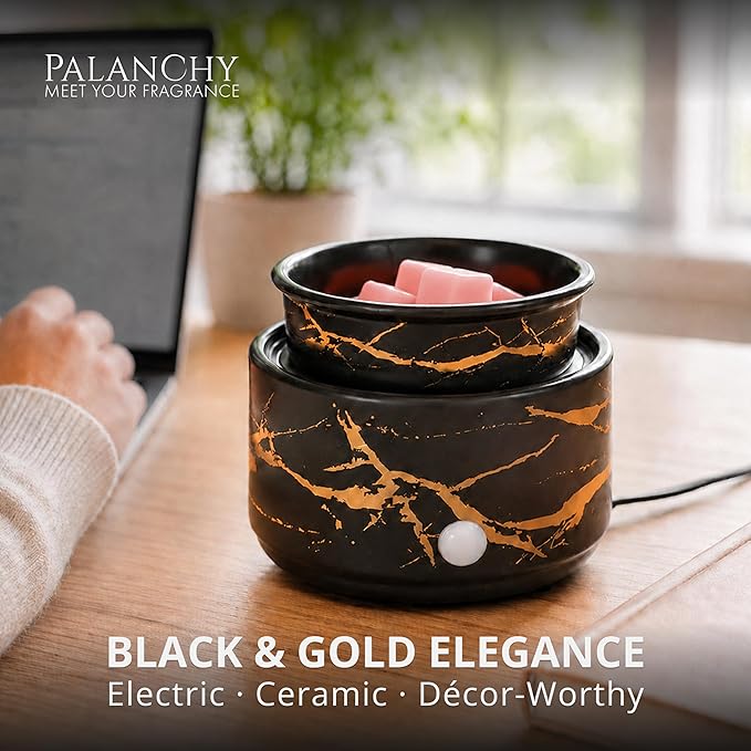 PALANCHY Electric Wax Warmer for Scented Wax Melts 3-in-1 Oil Warmers | Durable Ceramic Oil Burner Candle For Nightstand & Desk. Black And Gold Wax Melt Warmer Oil Burner For Scented Oil Gift Boxed