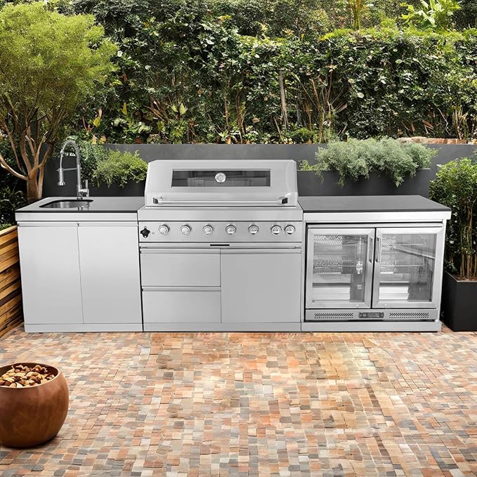 6 Burner Outdoor Kitchen Island with Grill, 85000 BTU Deluxe Stainless Steel Modular Outdoor Kitchen, Gas Propane BBQ Island with Rotisserie, Storage Cabinets & Drawers, 43"W, Silver