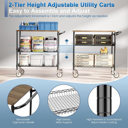 Rolling Kitchen Carts with Wheels, 3-Tier Utility Cart with Wood Tabletop | NSF Commercial Metal Serving Cart with Handle and Shelf Liner for Kitchen Snacks,34"D x 17.5"W x 32.5"H,Black