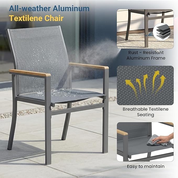 7-Pieces Aluminum Patio Table and Chairs for All-Weather, Patio Table Set with Heavy Duty HDPS Rectangular Table, Outdoor Patio Dining Furniture Set with Breathable Quick-Drying Textilene Chairs