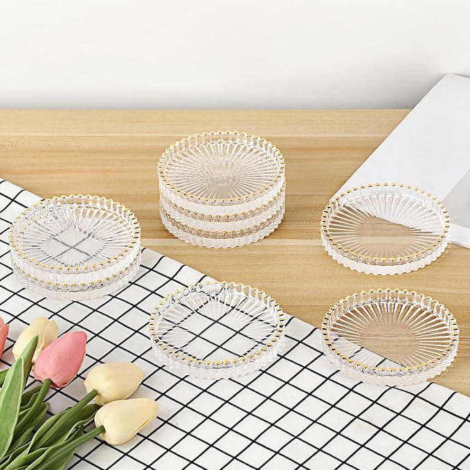 Modern Clear Coaster Set of 8 Glass Coasters for Drinks, Crystal Coasters Round Cup Mat Coffee Table Decor for Office, Kitchen, Bar, Dining Room, Living Room, Patio (Clear with Gold Rim)