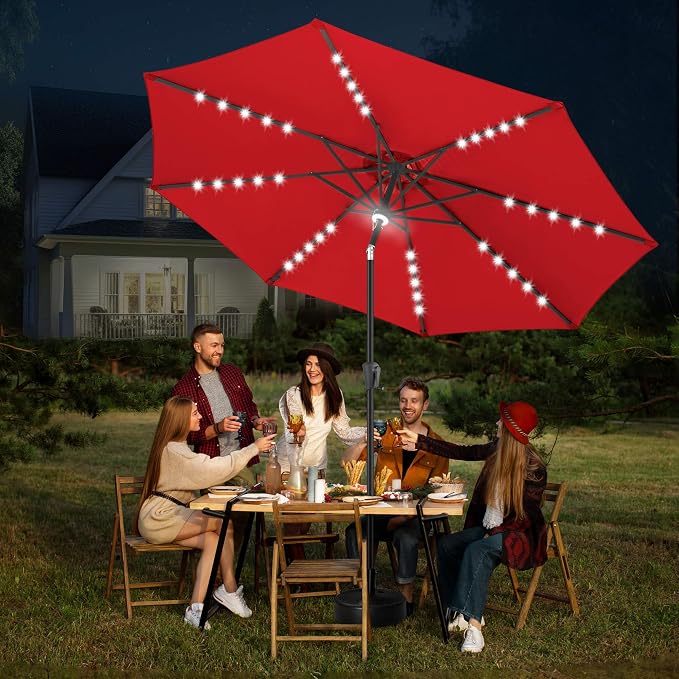 FLAME&SHADE Solar Patio Umbrella with Centre Light, 10 FT Red | UV Protection, Small Solar Outdoor Umbrella for Porch, Deck, Backyard, Garden, Provides Evening Lighting, 40 LED Lights