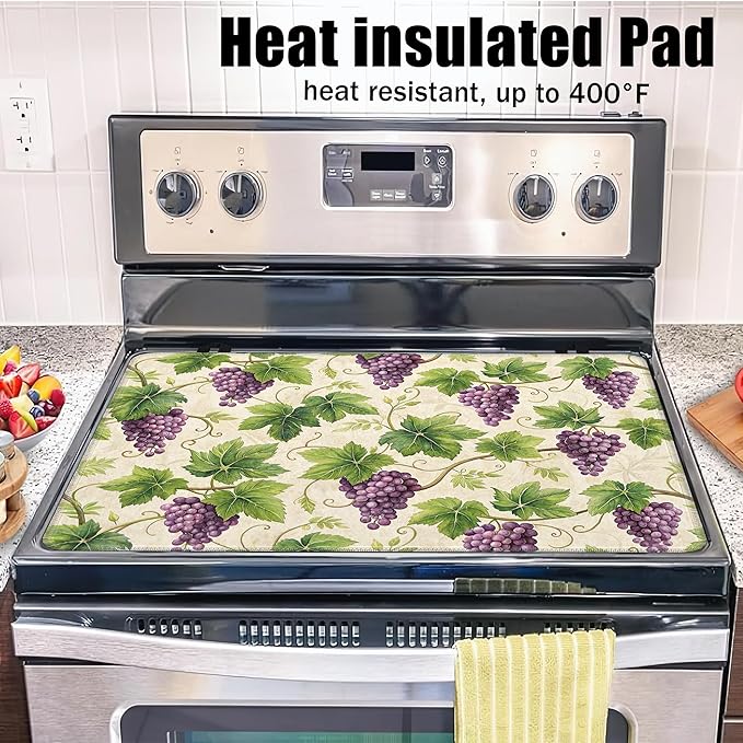 Stove Top Covers for Electric Stove,Purple Grape Flat Top Stove Cover,Watercolor Summer Fruit Heat Resistant Glass Top Stove Cover Protector Anti-Slip Range Covers, 28 x 20 Inch
