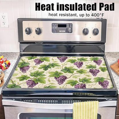 Stove Top Covers for Electric Stove,Purple Grape Flat Top Stove Cover,Watercolor Summer Fruit Heat Resistant Glass Top Stove Cover Protector Anti-Slip Range Covers, 28 x 20 Inch