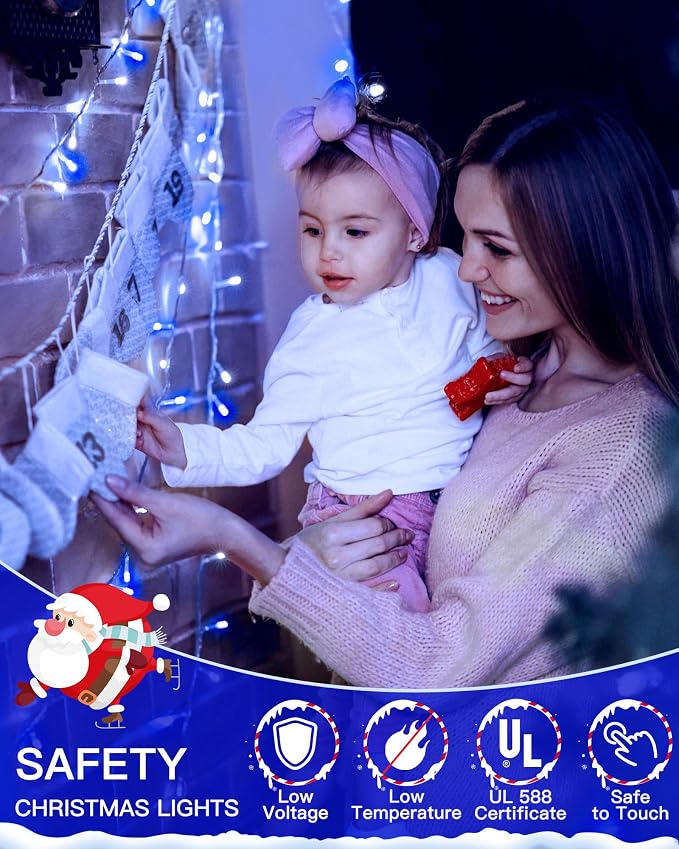 196FT 600 LED Christmas Lights Outdoor Waterproof, Timer & Memory Function, 8 Modes Blue White String Lights Plug in Twinkle Lights for Xmas Tree Holiday Garden Indoor Party Decor