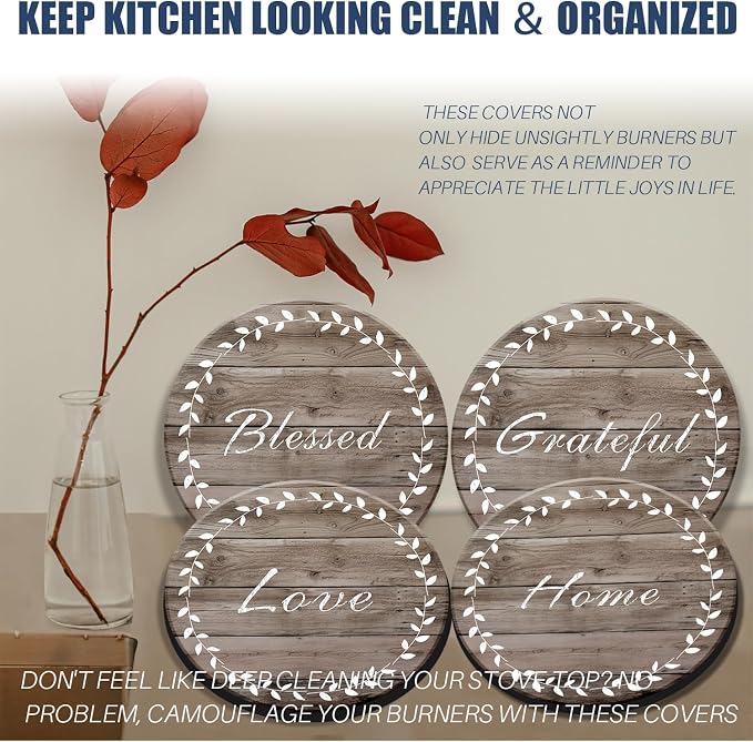 Stylish Burner Covers Set of 4 for Range Accessories, Gratitudes Wood Board Metal Stove Burner Cover for Expanding Counter Space Stovetop Decor, Burner Covers for Electric Stove