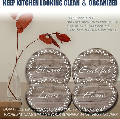 Stylish Burner Covers Set of 4 for Range Accessories, Gratitudes Wood Board Metal Stove Burner Cover for Expanding Counter Space Stovetop Decor, Burner Covers for Electric Stove