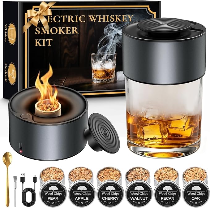Electric Whiskey Smoker Kit, Rechargeable Bourbon Smoker Kit with 6 Flavors of Natural Wood Chips, Drink Smoker Infuser Kit Cocktail Idea Christmas Birthday Gifts for Men Husband Dad Him