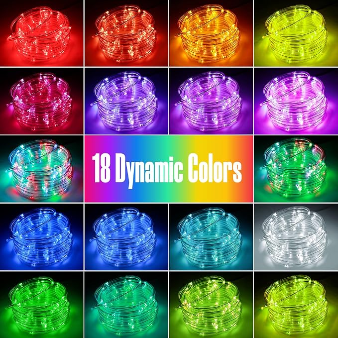 Solar Rope Lights Outdoor Waterproof, 33FT 100LED 18 Colors Changing Outdoor String Lights Tube Fairy Light with Remote & 8 Modes Trampoline Light for Camping Pool Tree Garden Yard Home Holiday Decor