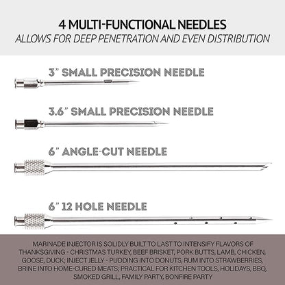 Meat Injector Marinade Gun Stainless Steel Outdoor Kit Flavor Food Syringes & 4 Marinades Needles for BBQ Grill Smoker Injectors Professional Syringe Held Culinary Barbecue Tool