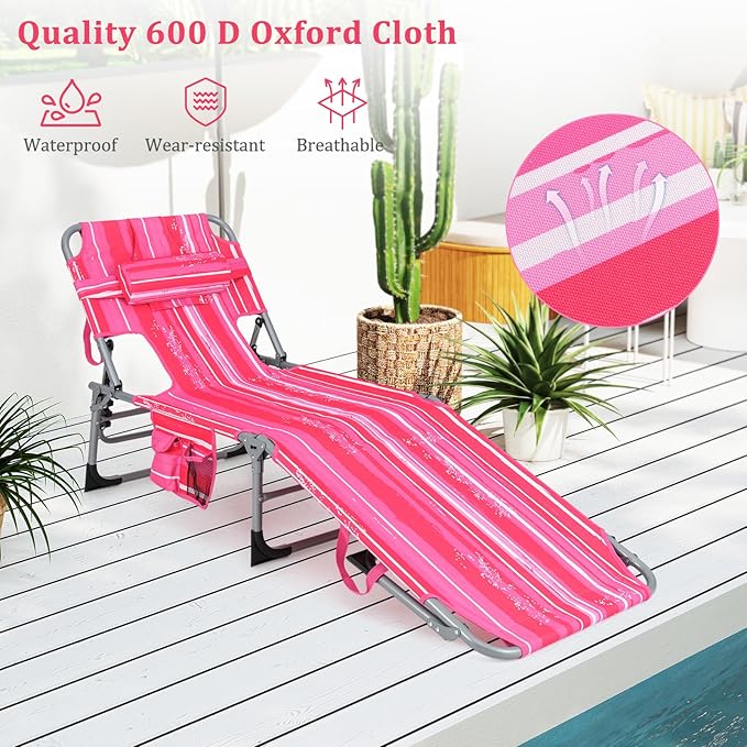 Goplus Tanning Chair, Folding Adjustable Patio Lounge Chair with Face Hole, Removable Pillow, 330LBS, Carry Strap, Outdoor Sunbathing Chair, Lightweight Portable Beach Lounge Chair