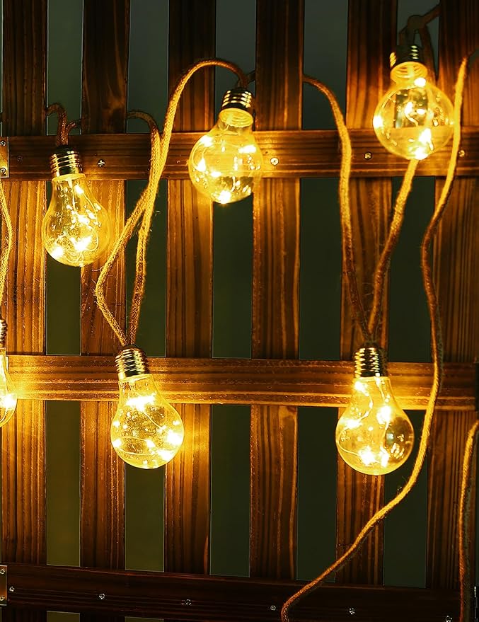 Solar Outdoor String Lights, 10Ft Vintage Rope Hemp Solar Patio Lights, Waterproof Warm White Solar Powered String Lights with 10 Shatterproof Bulbs for Garden Fence Balcony