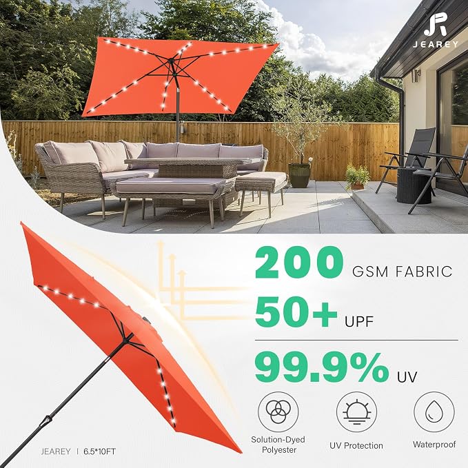 JEAREY 6.5x10' Rectangle LED Lighted Umbrella Patio Umbrella Outdoor w/Tilt | Solar Market Umbrellas with 6 Sturdy Ribs, UV Protection Waterproof Sunproof for Pool, Deck, Backyard(Orange)