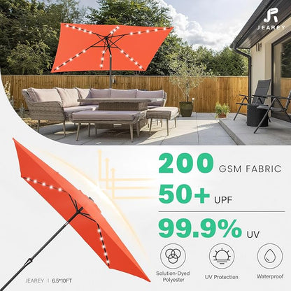 JEAREY 6.5x10' Rectangle LED Lighted Umbrella Patio Umbrella Outdoor w/Tilt | Solar Market Umbrellas with 6 Sturdy Ribs, UV Protection Waterproof Sunproof for Pool, Deck, Backyard(Orange)