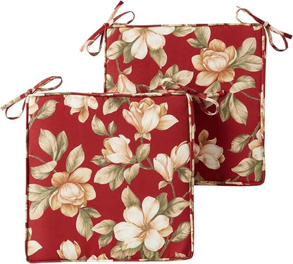 Outdoor 18 inch Square Patio Dining Chair Pads – Comfortable Fiber-Filled Seat Cushions with Ties, Reversible Polyester Fabric - Roma Floral, Set of 2