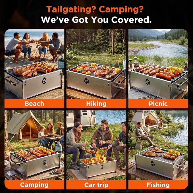 Stainless Steel Portable Tabletop Charcoal Grill, Foldable Camping Grill | Lightweight Mini Gas BBQ Grill & Fire Pit with Griddle Plate & Carry Bag for Camping Tailgating Picnic Travel Backyard Patio