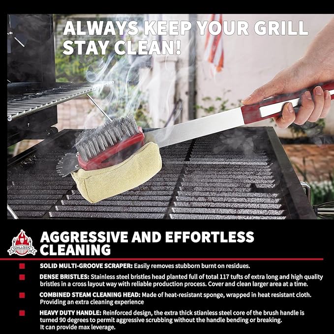 GRILLGEN Grill Brush and Scraper -Heavy Duty Double-Sided with Steam Cleaner Head for Porcelain，Cast Iron, Stainless Steel Grates, Outdoor BBQ Grill Cleaner Accessories