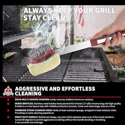 GRILLGEN Grill Brush and Scraper -Heavy Duty Double-Sided with Steam Cleaner Head for Porcelain，Cast Iron, Stainless Steel Grates, Outdoor BBQ Grill Cleaner Accessories