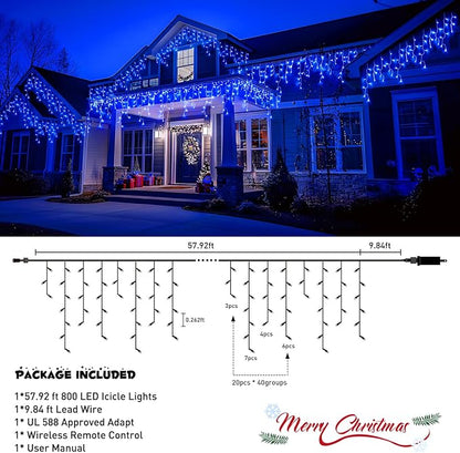 JMEXSUSS 800 LED Blue Icicle Christmas Lights Outdoor | Icicle Lights for Outside with 160 Drops, Christmas String Lights Indoor Outdoor for Party Holiday Christmas Decoration
