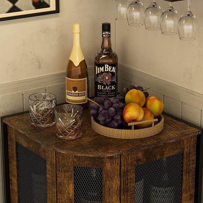 JKsmart 3-Tier Corner Bar Cabinet, Liquor Cabinet with Open Shelf & Door | Space-Saving Corner Design, Home Bar Display for Wine, Liquor & Coffee, Rustic Brown Wine Cabinet for Kitchen and Dining Room