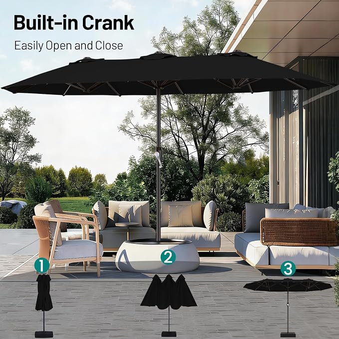 AreShark 15FT Outdoor Patio Umbrella with Crank, Large Rectangular Market Umbrella, Double-Sided Outdoor Umbrellas with Cross Base & Sandbag for Porch, Lawn, Pool, Backyard, Black