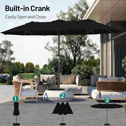 AreShark 15FT Outdoor Patio Umbrella with Crank, Large Rectangular Market Umbrella, Double-Sided Outdoor Umbrellas with Cross Base & Sandbag for Porch, Lawn, Pool, Backyard, Black