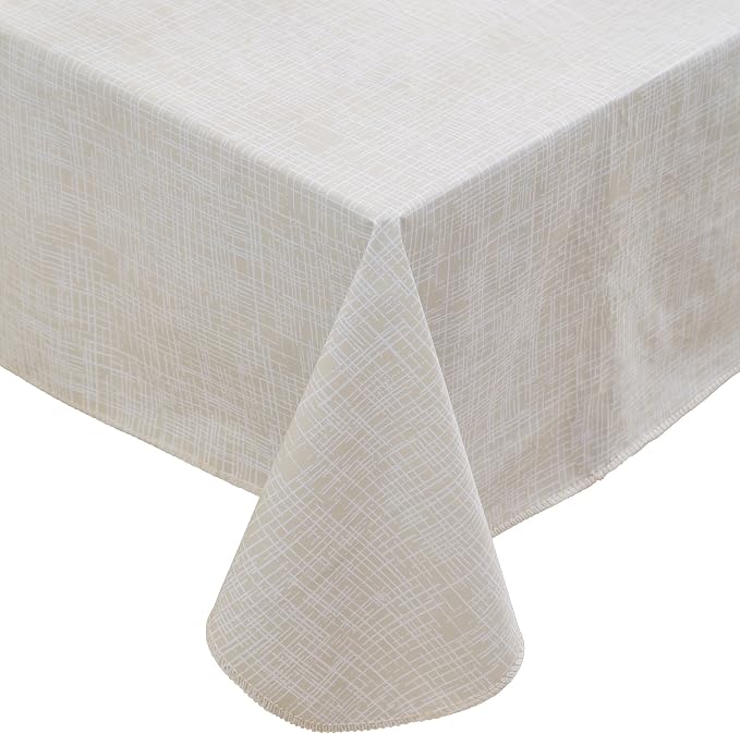 Heavy Duty Vinyl Tablecloth with Flannel Backing Waterproof Oil-Proof Plastic Table Cloth Stain-Resistant Wipeable Rectangle or Square Table Cover for Indoor and Outdoor (Beige Striped，60x102 Inch)