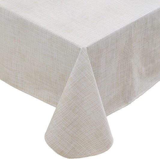 Heavy Duty Vinyl Tablecloth with Flannel Backing Waterproof Oil-Proof Plastic Table Cloth Stain-Resistant Wipeable Rectangle or Square Table Cover for Indoor and Outdoor (Beige Striped，60x102 Inch)