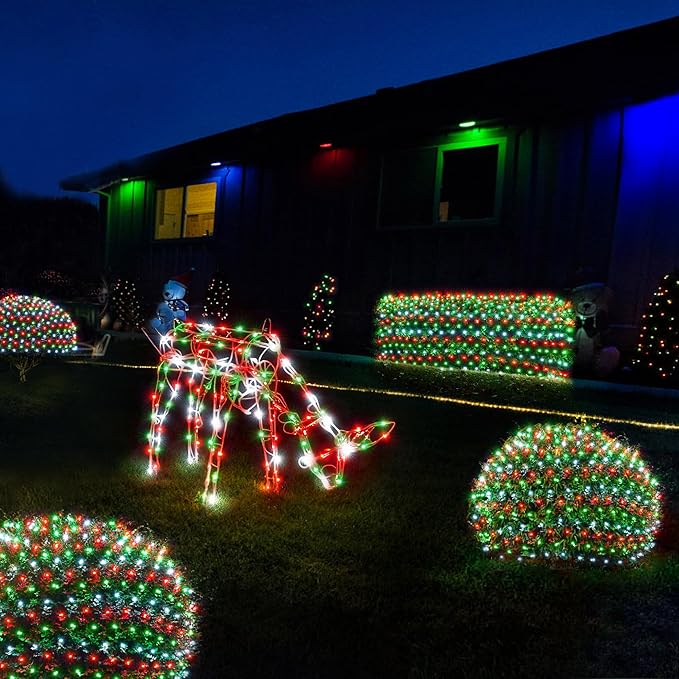 WBao Christmas Lights Outdoor 200LED 8.4ft x 5.2ft Christmas Net Lights with 8 Modes, Timer, End to End Connectable, Waterproof for Lawn, Bushes, Trees Outdoor Xmas Decorations, Red Green White