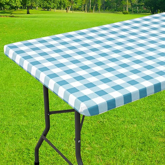 Smiry Rectangle Picnic Table Cloth, Elastic Waterproof Fitted Vinyl Tablecloths, Flannel Backed Buffalo Plaid Table Covers for Dining, Camping, Outdoor (White and Aqua, 36" x 96")
