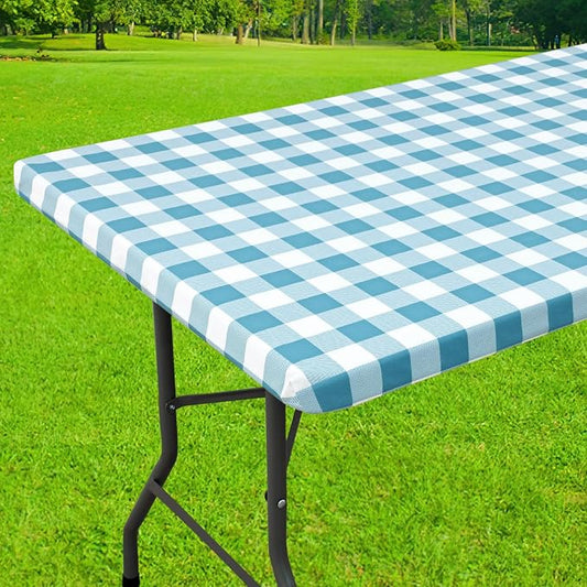 Smiry Rectangle Picnic Table Cloth, Elastic Waterproof Fitted Vinyl Tablecloths, Flannel Backed Buffalo Plaid Table Covers for Dining, Camping, Outdoor (White and Aqua, 36" x 60")