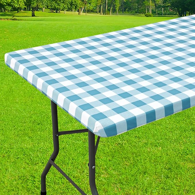 Smiry Rectangle Picnic Table Cloth, Elastic Waterproof Fitted Vinyl Tablecloths, Flannel Backed Buffalo Plaid Table Covers for Dining, Camping, Outdoor (White and Aqua, 24" x 48")