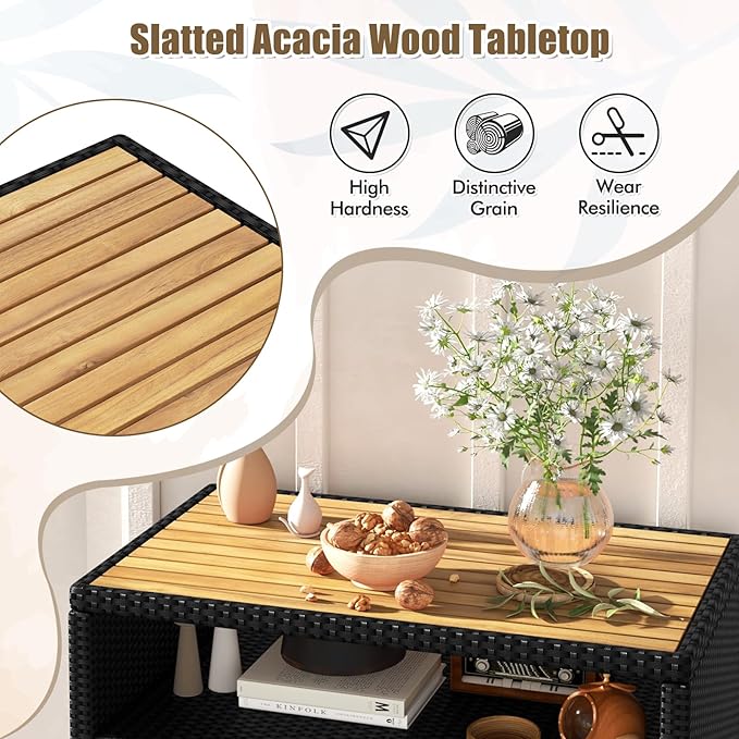 Wicker Outdoor Storage Cabinet, Rattan Patio Bar Table with Acacia Wood Countertop, Open Compartment & 2 Doors, Outdoor Buffet Cabinet Sideboard for Poolside, Garden, Backyard (Black)