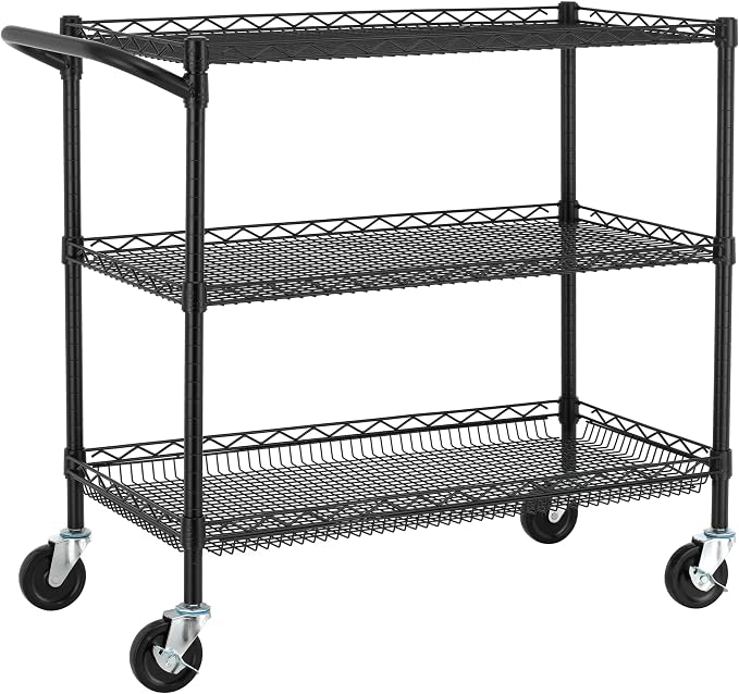 Finnhomy 3 Tier Heavy Duty Commercial Grade Utility Cart, Wire Rolling Cart with Handle Bar, Steel Service Cart with Wheels, Kitchen Carts on Wheels, Metal Cart Shelf Size 18" D x 36" W, NSF, Black