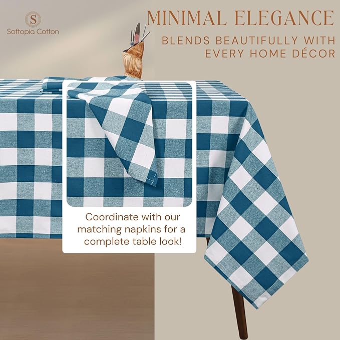 Buffalo Plaid Check 60"x84" Tablecloth 100% Cotton Washable Rustic Rectangle Table Cover Decorative for Gifts, Dining, BBQ, Buffet Parties & Camping - Teal